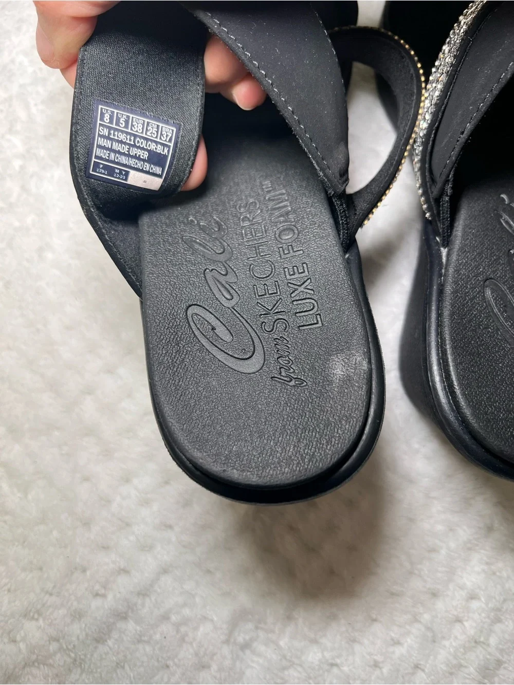 Skechers Black Wedge Slide Sandals with Silver Rhinestone Strap